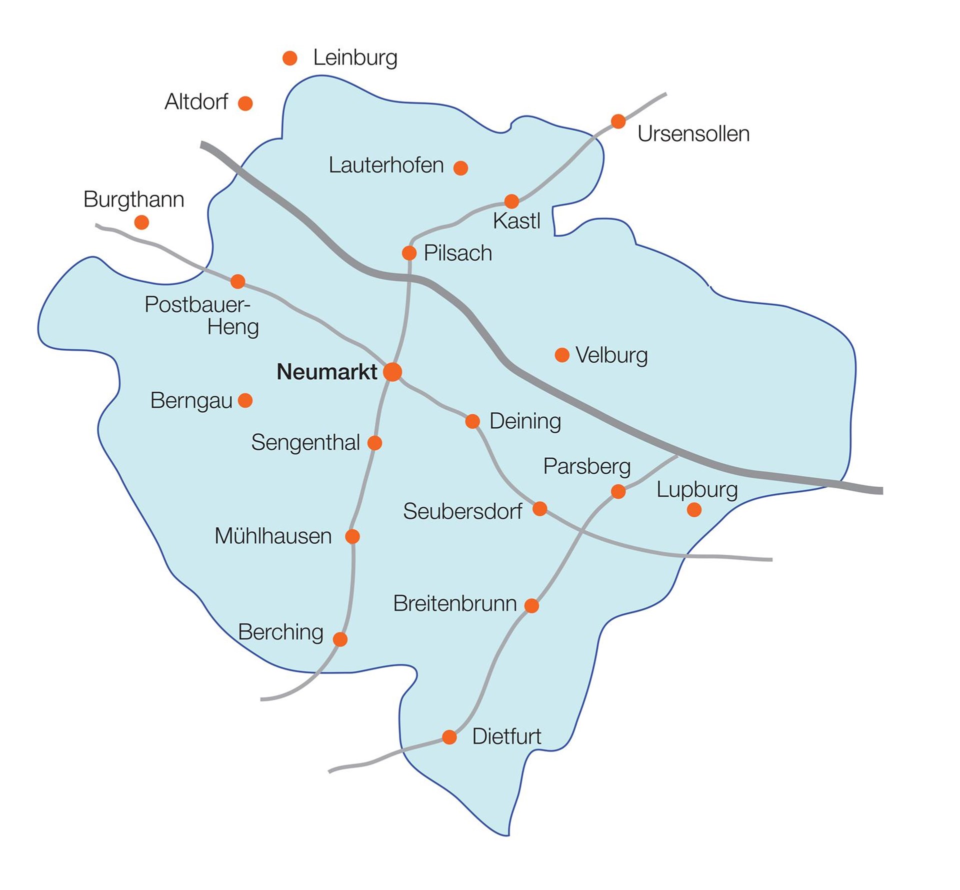 Betreuungsgebiet des Caritas-Sozialstation Neumarkt mit Orten
