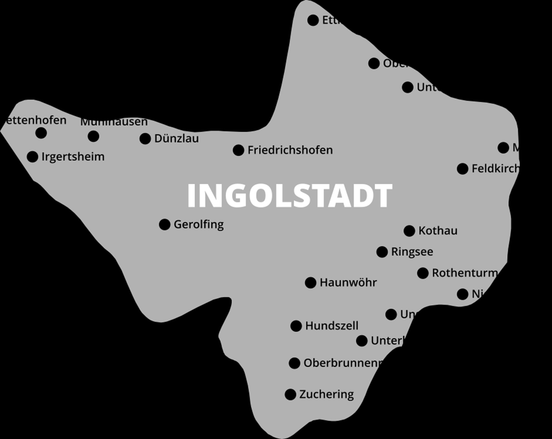 Betreuungsgebiet der Caritas-Sozialstation Ingolstadt mit den verschiedenen Orten