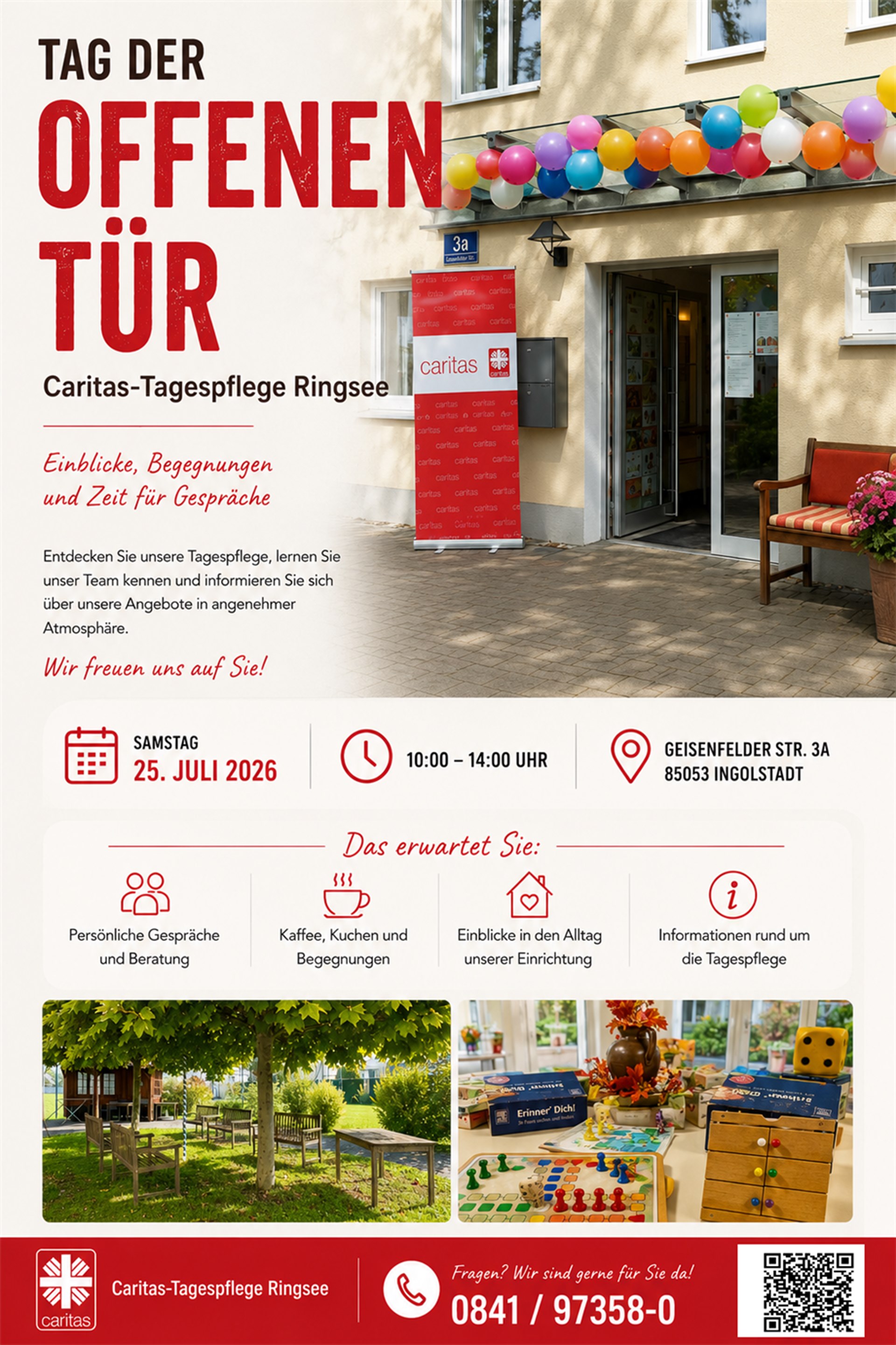 Plakat zum Tag der offenen Tür in der Caritas-Tagespflege Ringsee am Samstag, 25. Juli 2026